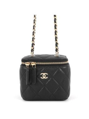 Chanel Chain Shoulder Bag Quilted CC Logo Vanity Caviar Leather Black